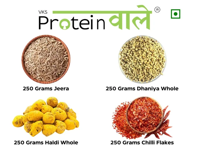 ProteinWaale Premium Spices - 250 gm Jeera, 250 gm Dhaniya Whole, 250 gm Haldi Whole, 250 gm Red Chilli Flakes