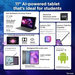 Lenovo Idea Tab Smartchoice |11-inch 2.5K Clear Display, 90Hz Refresh Rate, 8GB RAM, 256GB ROM| MediaTek Dimensity 6300| 7040mAh Battery|4 Speakers| USB-C |Wi-Fi + 5G |AI-Enabled, Luna Grey