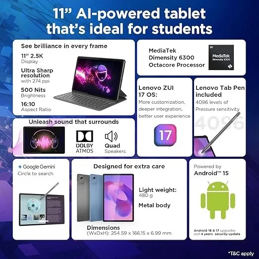 Lenovo Idea Tab Smartchoice |11-inch 2.5K Clear Display, 90Hz Refresh Rate, 8GB RAM, 256GB ROM| MediaTek Dimensity 6300| 7040mAh Battery|4 Speakers| USB-C |Wi-Fi + 5G |AI-Enabled, Luna Grey