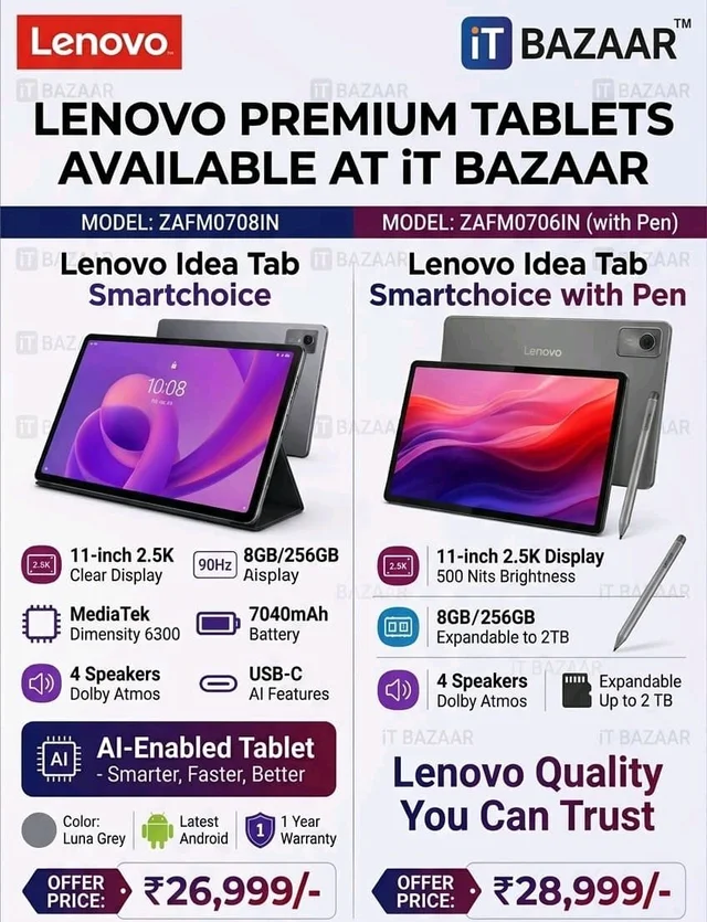 Lenovo Idea Tab Smartchoice |11-inch 2.5K Clear Display, 90Hz Refresh Rate, 8GB RAM, 256GB ROM| MediaTek Dimensity 6300| 7040mAh Battery|4 Speakers| USB-C |Wi-Fi + 5G |AI-Enabled, Luna Grey