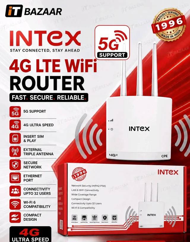 INTEX ROUTER 5G/4G Sim Compatible Connect with DVR/NVR/WiFi Camera - 3 Antenna, INTEX