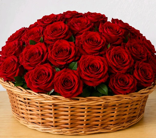 40 Red Rose Flower Basket Arrangement 