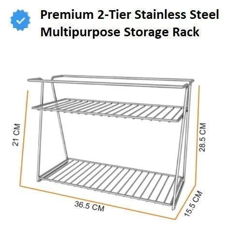 COLLECTION Stainless Steel 2 Layer Kitchen Spice Rack| Modular Kitchen Storage Rack | Kitchen Organizer Multipurpose Storage Shelf/Rack, Silver, Countertop, Tabletop, Tiered Shelf - 15.5D x 36.5W x 28.5H