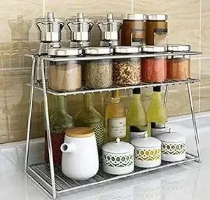 COLLECTION Stainless Steel 2 Layer Kitchen Spice Rack| Modular Kitchen Storage Rack | Kitchen Organizer Multipurpose Storage Shelf/Rack, Silver, Countertop, Tabletop, Tiered Shelf