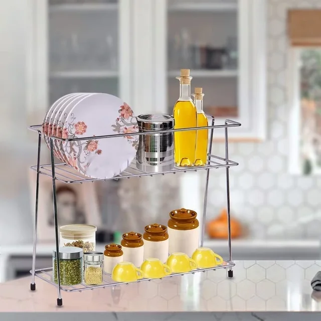 COLLECTION Stainless Steel 2 Layer Kitchen Spice Rack| Modular Kitchen Storage Rack | Kitchen Organizer Multipurpose Storage Shelf/Rack, Silver, Countertop, Tabletop, Tiered Shelf - 15.5D x 36.5W x 28.5H