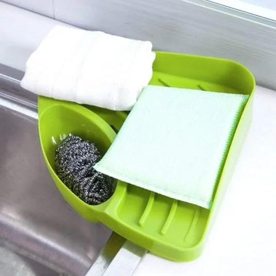 Kitchen Sink Corner Tool With Tray Storage Organizer Rack For Soap Dish Wash Basin (Plastic, Green), Pack Of 1, Sinks - 27 x 19.5 x 5.5 Centimeters, Mint Green