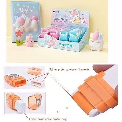  Cute kawaii Cartoon Roller Eraser in a Glitter Cap pencil Rubber Eraser set Stationery for Boys and girls and Birthday Return Gifts - Pack of 5, Design and Color May Vary