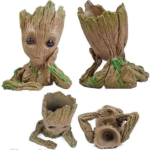 Unique Shape Marvel Avengers Infinity War Pot Groot Wooden Look Tree Flowerpot Cum Pen Container- Tree Man, 16 cm, White, 1 Piece - 14 x 11 x 16 Centimeters