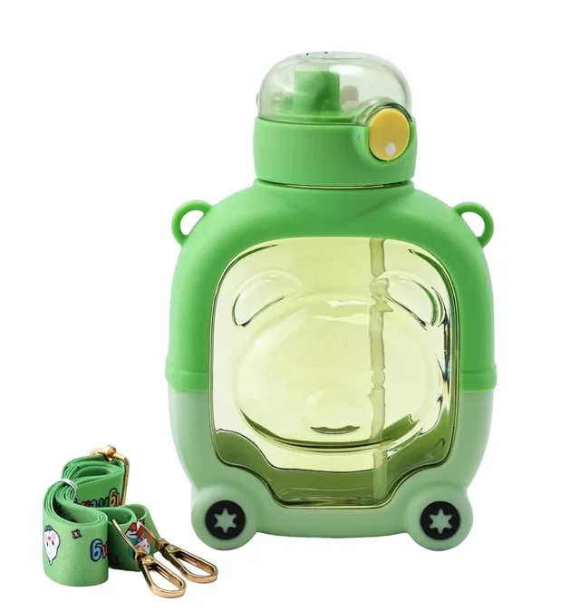 2 in 1 Sipper Water Bottle, Cartoon Water Bottle – Cue Bear Shaped Water Bottle with Straw & Strap, Cup Cute Double Drinking Water Bottles for Kids