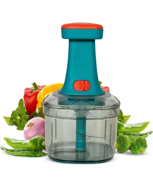 Plastic Manual Hand Press Push Chopper with Stainless Steel 4 Blades and Lock Unlock System for Effortless Chopping Fruits and Vegetable Cutting Machine (650 Ml)