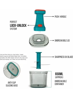 Plastic Manual Hand Press Push Chopper with Stainless Steel 4 Blades and Lock Unlock System for Effortless Chopping Fruits and Vegetable Cutting Machine (650 Ml) - 8D x 10W x 12H Centimeters, Riptide