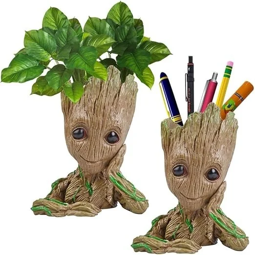 Unique Shape Marvel Avengers Infinity War Pot Groot Wooden Look Tree Flowerpot Cum Pen Container- Tree Man, 16 cm, White, 1 Piece - 14 x 11 x 16 Centimeters