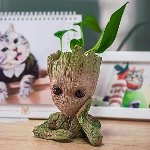 Unique Shape Marvel Avengers Infinity War Pot Groot Wooden Look Tree Flowerpot Cum Pen Container- Tree Man, 16 cm, White, 1 Piece