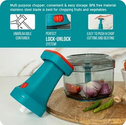 Plastic Manual Hand Press Push Chopper with Stainless Steel 4 Blades and Lock Unlock System for Effortless Chopping Fruits and Vegetable Cutting Machine (650 Ml) - 8D x 10W x 12H Centimeters, Riptide