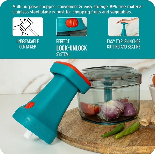 Plastic Manual Hand Press Push Chopper with Stainless Steel 4 Blades and Lock Unlock System for Effortless Chopping Fruits and Vegetable Cutting Machine (650 Ml) - 8D x 10W x 12H Centimeters, Riptide