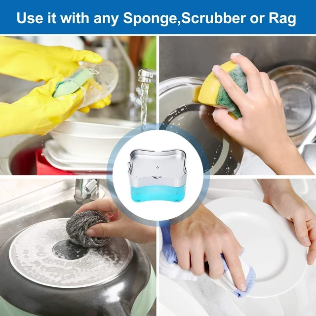 2-in-1 Soap Dispenser for Kitchen and Sponge Holder Dish Soap Dispenser Kitchen Sink dishwashing for Dishwasher Liquid Holder Instant Refill Durable (Soap Dispenser) Plastic (Square) - 10L x 10W x 10H Centimeters