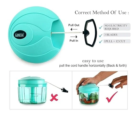 Multipurpose Plastic Vegetable Chopper Cutter 3 Blades for Effortlessly Chopping Vegetables and Fruits for Your Kitchen, Pool Green (725 ml) - 12.7L x 12.7W x 12.5H, Cyan Aqua