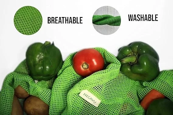 100% cotton set of 6 fridge bag | Eco-friendly natural vegetables bags for fridge storage & mesh net vegetable bag fridge | Multi-purpose Eco-friendly cotton mesh bag (Neem Green) - 25.4W x 25.4H, Green