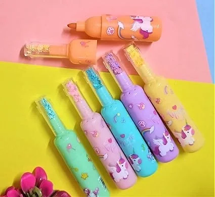 Unicorn Theme Bottle Shape Highlighters | Set Of 6 | Fine Grip Marker Pen | Ideal For Office Stationery & Kids
