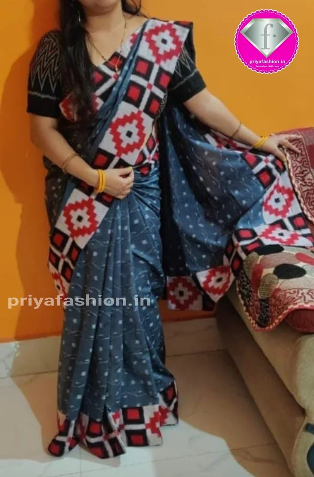 100906 Sambalpuri Handloom Cotton Patchwork Saree With Blause - Oslo Gray