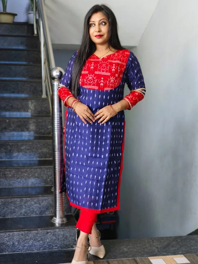 101066 Sambalpuri Handloom Kurti Blue Colour - 42 Chest