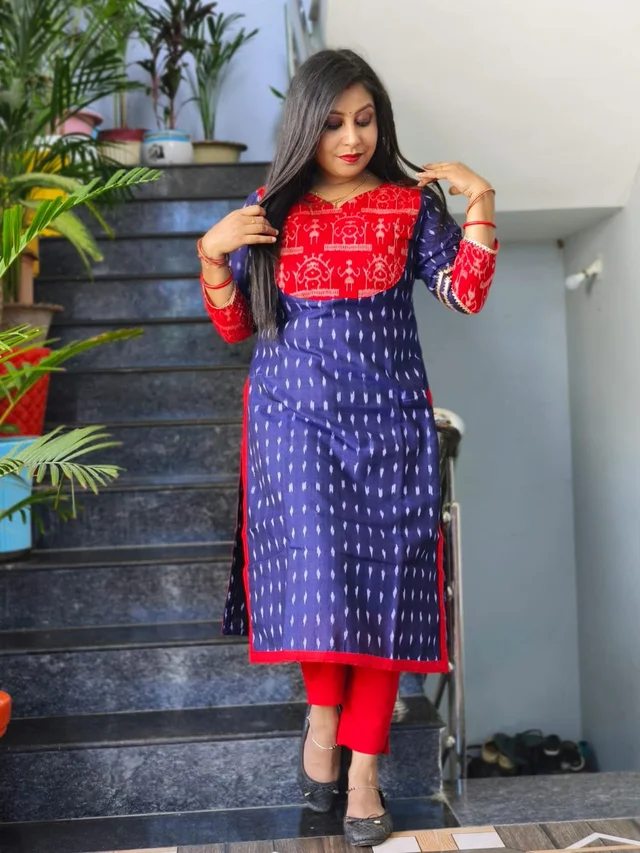 101066 Sambalpuri Handloom Kurti Blue Colour - 42 Chest