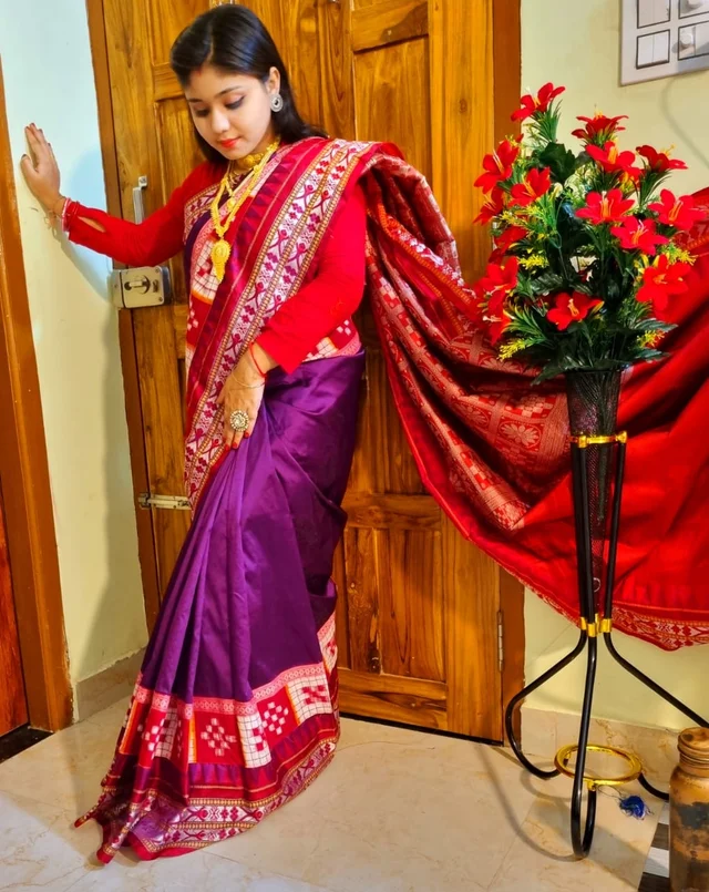 101562 Silk Saree With Sambalpuri Patchwork Border With Blause