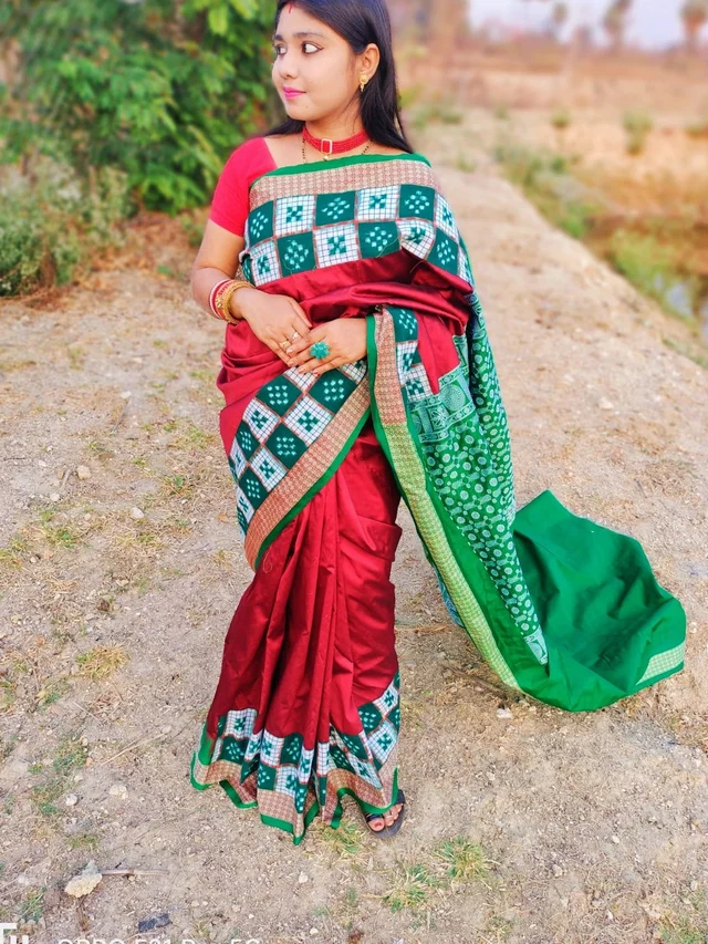 101570Silk Saree With Sambalpuri Patchwork Border With Blause