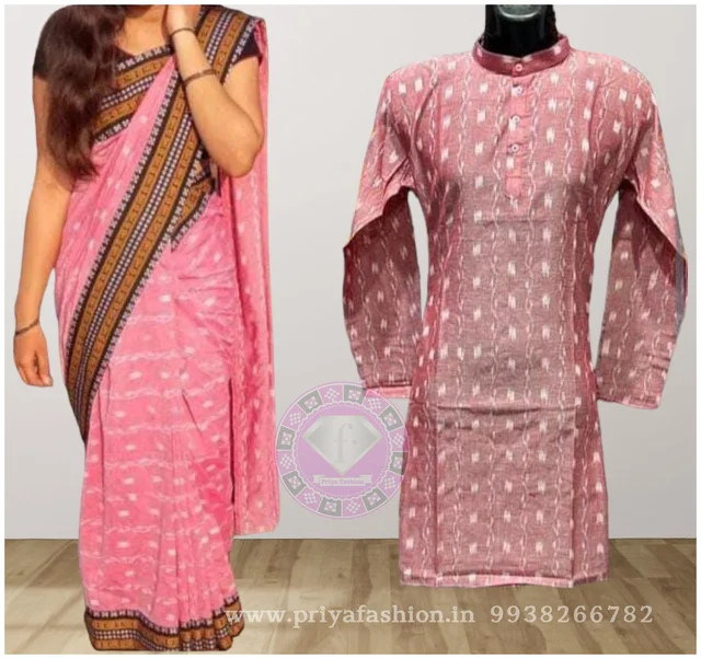 101620 Sambalpuri Cotton Patchwork Saree With Kurta , Couple Dress