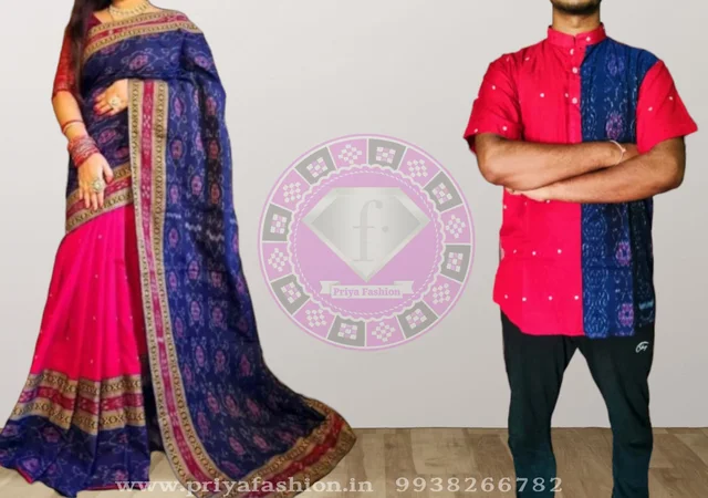 101621 Sambalpuri Cotton Patchwork Saree With Kurta , Couple Dress