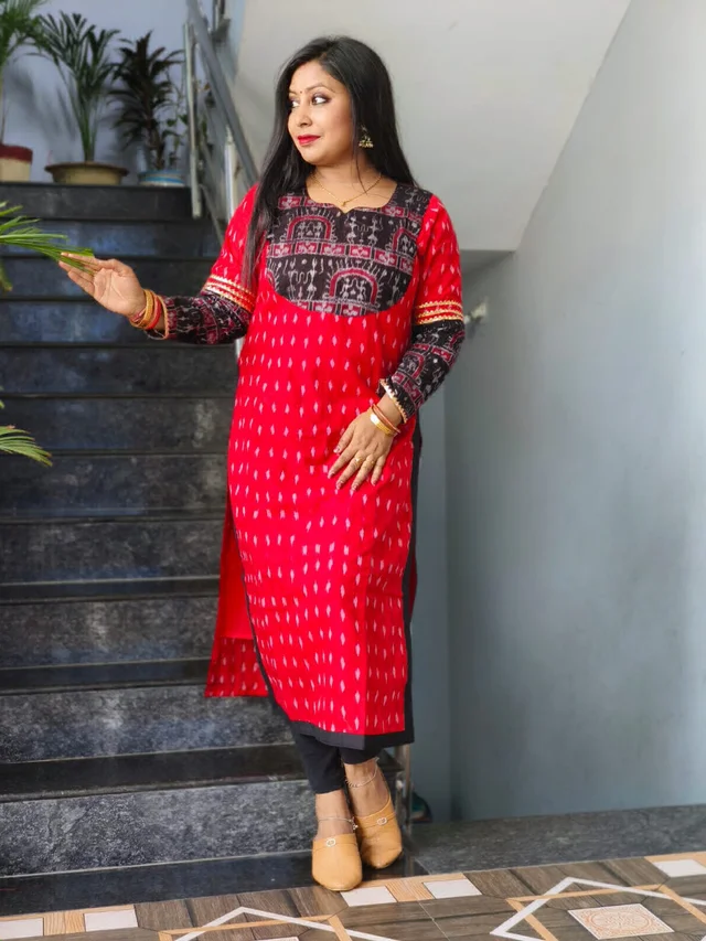 101639 Sambalpuri Cotton Kurti Both Side Same Fabric - Red, 44