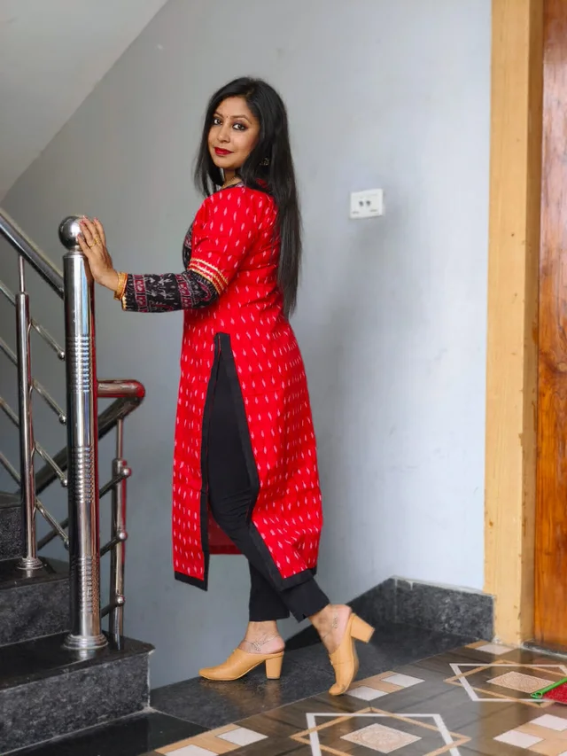 101639 Sambalpuri Cotton Kurti Both Side Same Fabric - Red, 44