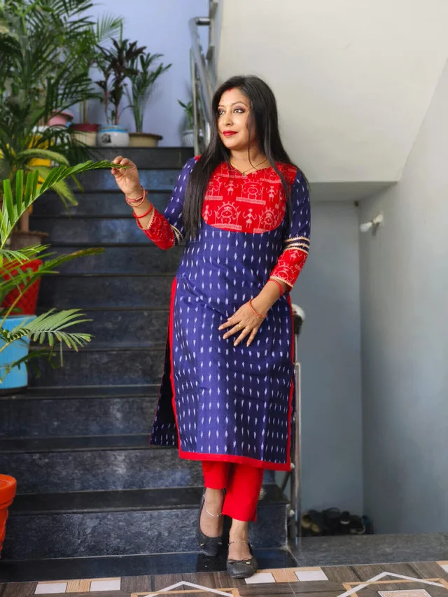 101641 Sambalpuri Cotton Kurti Both Side Same Fabric - Royal Blue, 40