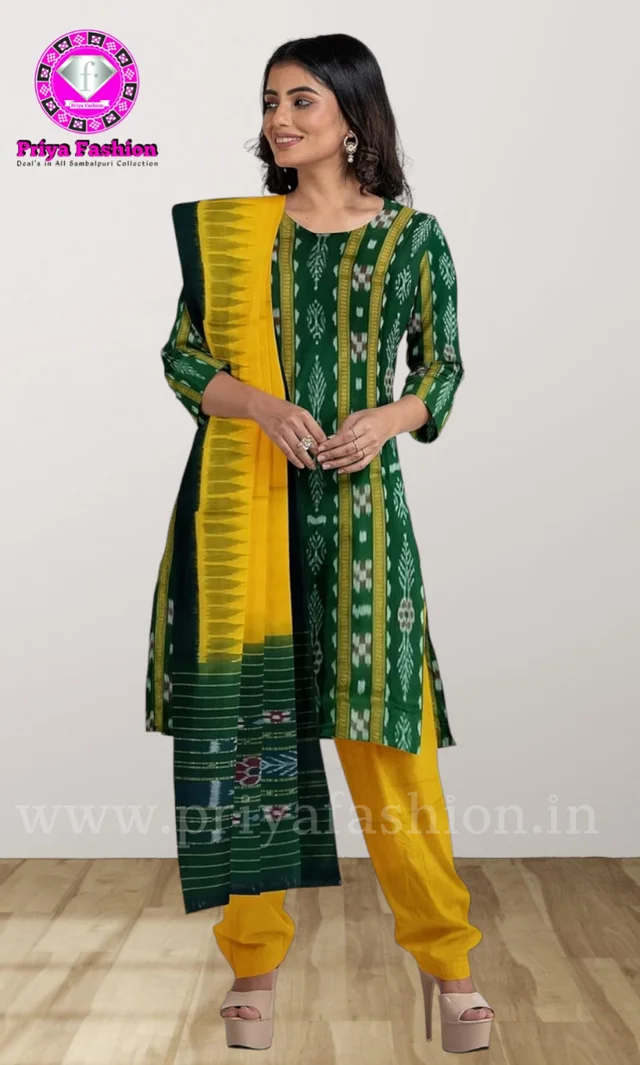 101681 Sambalpuri Handloom Cotton Stitching Kurti , Pant & Dupatta Set - 44, Only Kurti
