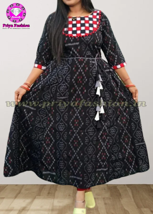 100791 Sambalpuri Long Round Kurti - Black, 42