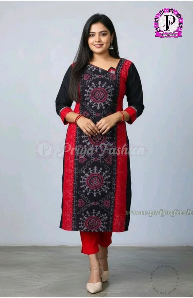 101063 Sambalpuri Handloom Cotton Stiching Kurti - 42 Chest, Black