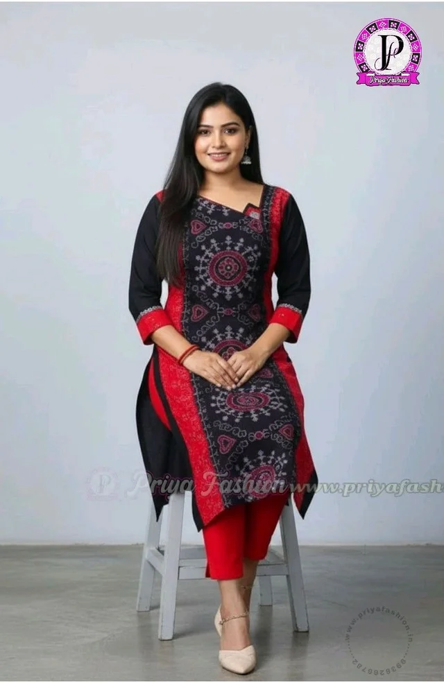 101063 Sambalpuri Handloom Cotton Stiching Kurti - 42 Chest, Black