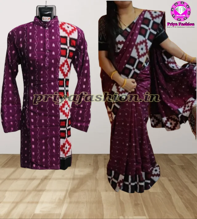 102062 Sambalpuri Handloom Couple Dress Patchwork Saree With Long Kurta - 44
