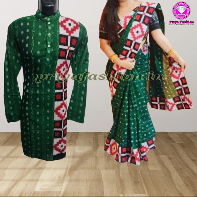 102063 Sambalpuri Handloom Couple Dress Patchwork Saree With Long Kurta - 42