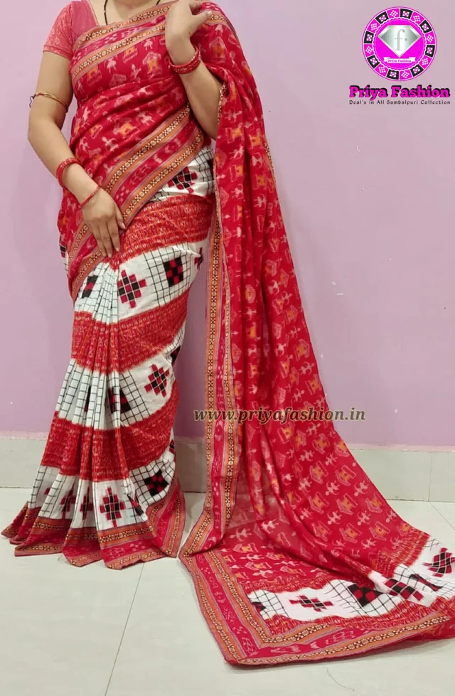 102185 Sambalpuri Handloom Cotton Patchwork Saree With Blouse