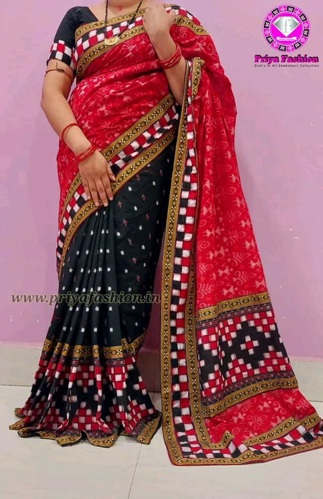 102235 Sambalpuri Handloom Cotton Patchwork Saree With Blouse - Red