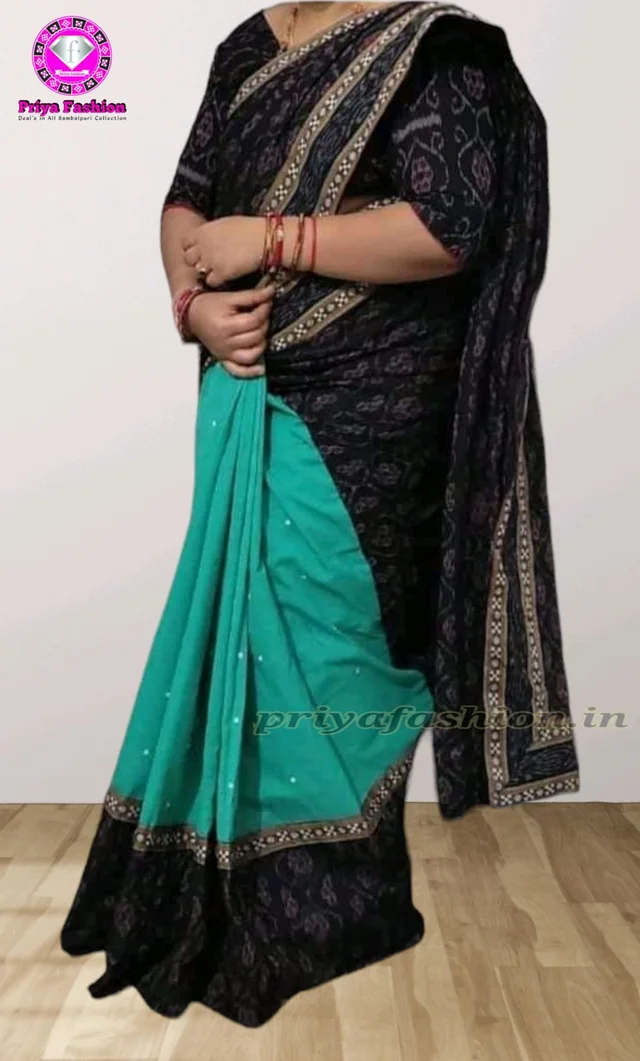 102236 Sambalpuri Handloom Cotton Patchwork Saree With Blouse - Java