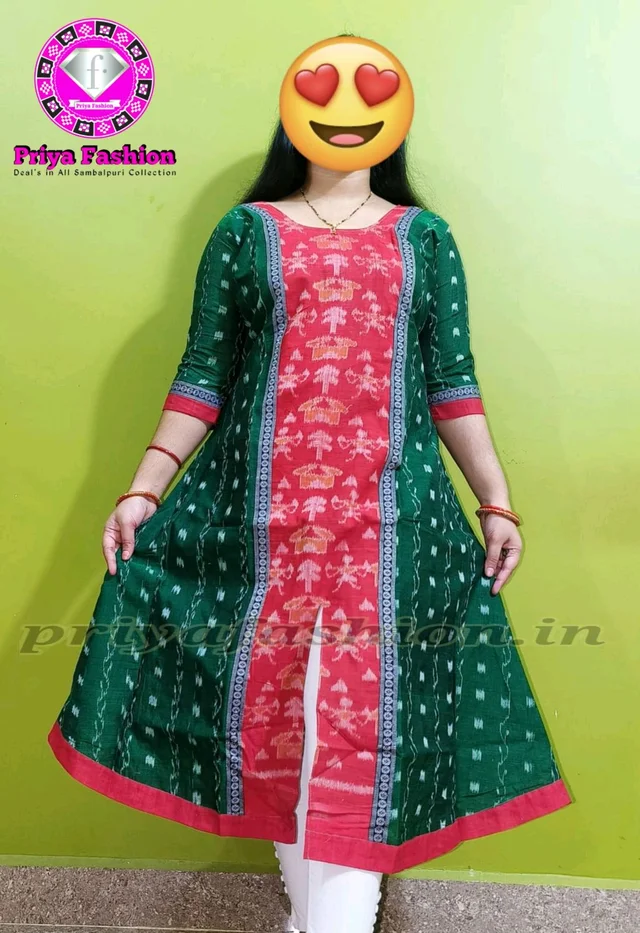 102238 Sambalpuri Handloom Cotton Round Long Kurti, Top - Forest Green, 42
