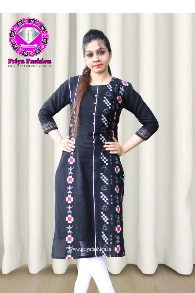 102239 Sambalpuri Handloom Cotton Kurti 34-46 - Black, XL-40