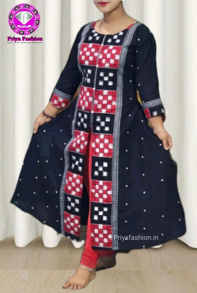 102246 Sambalpuri Round Kurti Top - Black, XXL-42