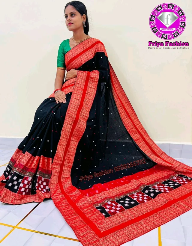102249 Sambalpuri Handloom Cotton Patchwork Saree With Blause Pics - Black