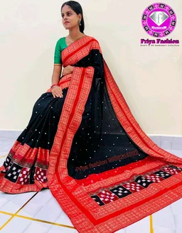 102249 Sambalpuri Handloom Cotton Patchwork Saree With Blause Pics - Black