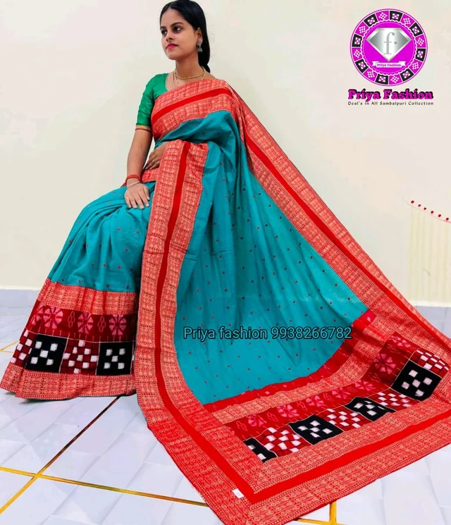 102251 Sambalpuri Handloom Cotton Patchwork Saree With Blause Pics - Robin's Egg Blue