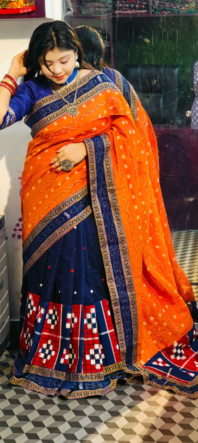 102252 Sambalpuri Handloom Cotton Patchwork Saree With Blause Pics - Web Orange