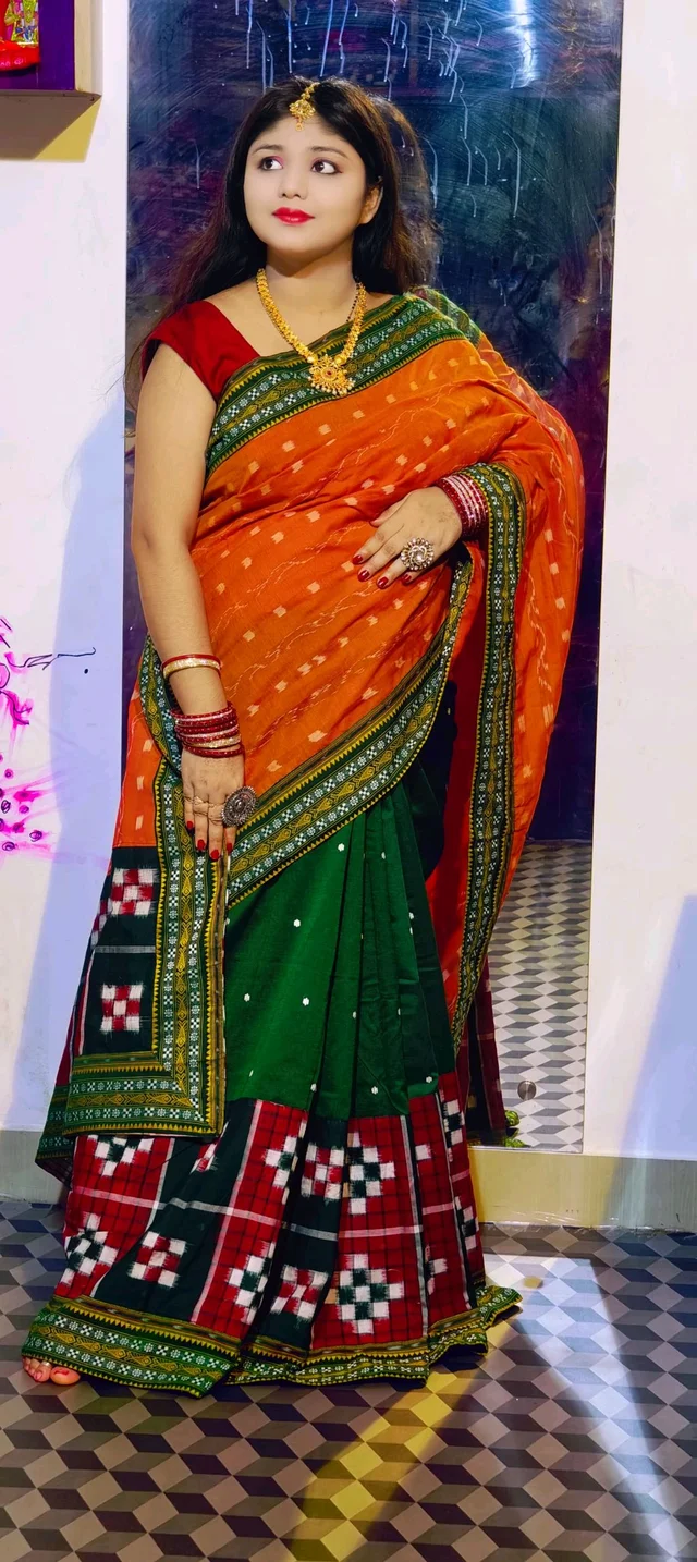 102253 Sambalpuri Handloom Cotton Patchwork Saree With Blause Pics - Web Orange